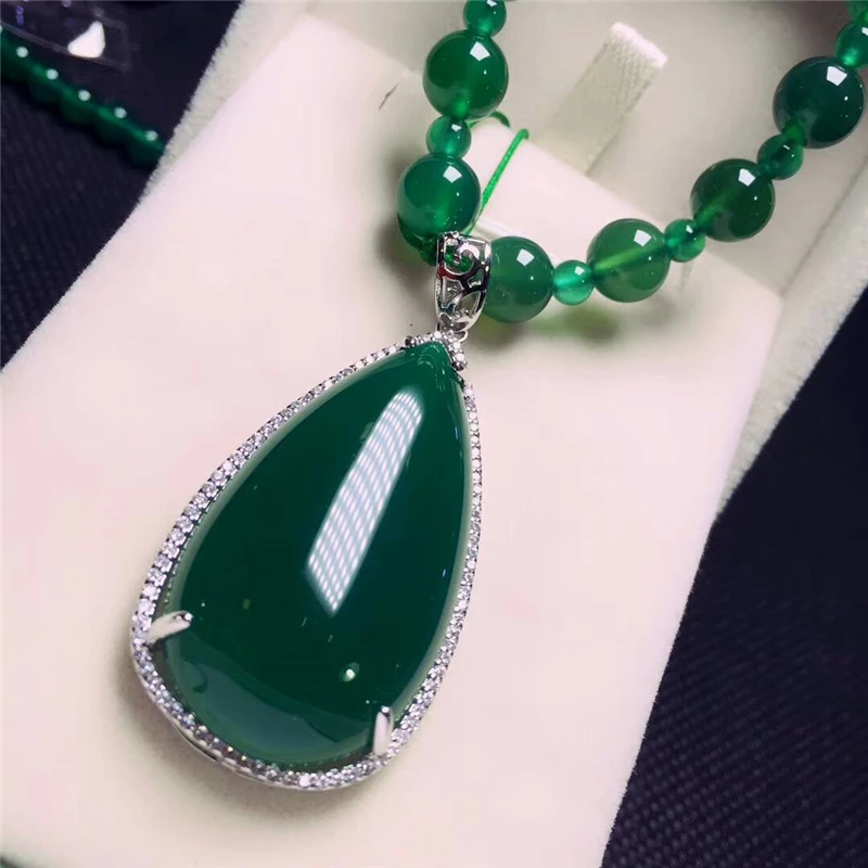 LETSFUN Fine Jewelry 925 Серебряный инкрустированный Натуральный Зеленый Халцедон подвеска в форме капель воды ожерелье свитер цепь Подарки