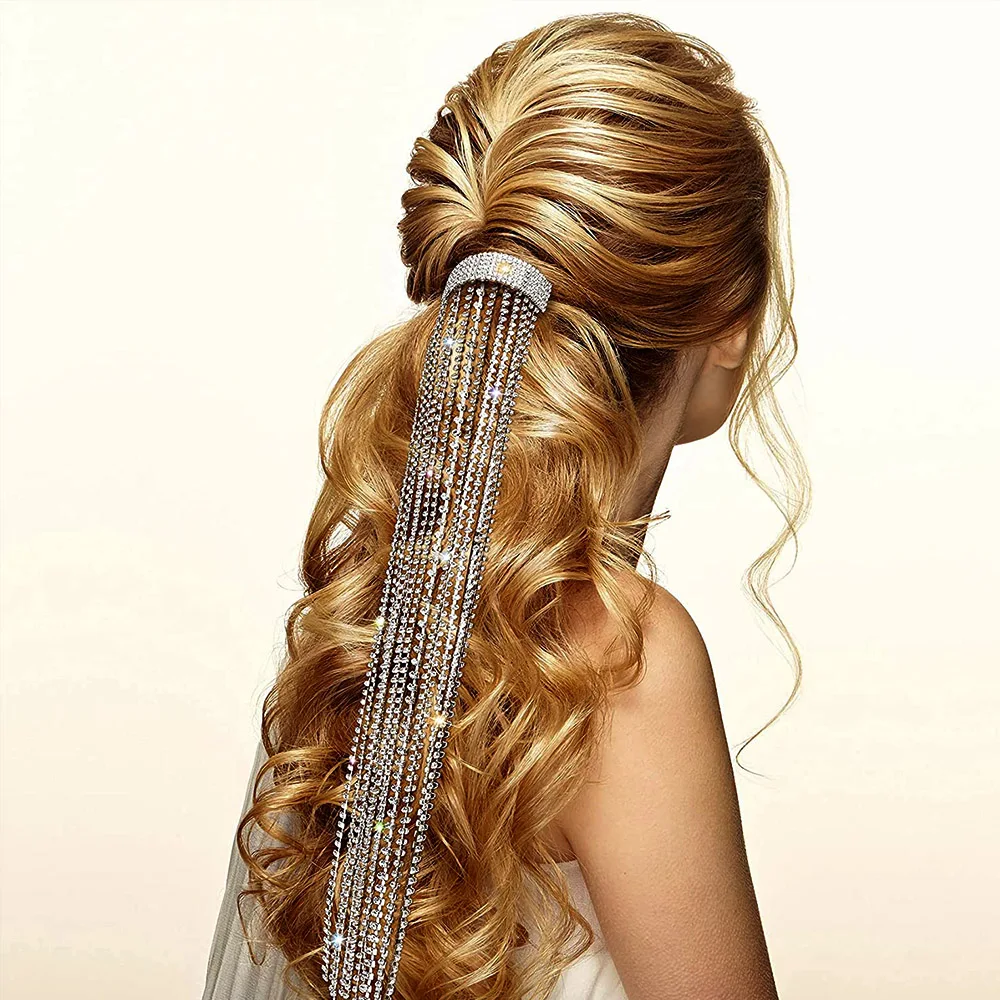 Stonefans Long Tassel Rhinestone Hairpins Long Tassel Hair Chain for Women Crystal Hair Accessories Wedding Party Head Jewelry
