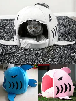 

Cute Cozy Warm Fleece Dog Kennel Soft Shark Shape Cat Sleeping Mat Foldable Comfortable Pet Bed Nest Small Animal Hole House Pad
