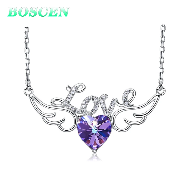 BOSCEN кулон ожерелье для женщин девушка подарок на день Святого Валентина украшенный кристаллами Swarovski любовь бусины со стразами простой - Цвет камня: Фиолетовый