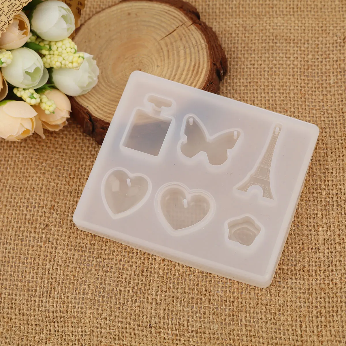 

Silicone Resin Mold For Jewelry Making White Heart Tower Butterfly Perfume Bottle Rose Pattern Epoxy Mold 9cmx7.8cm-1pcs