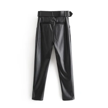 

Women Chic Black PU Faux Leather Pants Fashion High Waist Pockets Ladies Office Trousers With Belt Casual Pleated Pants