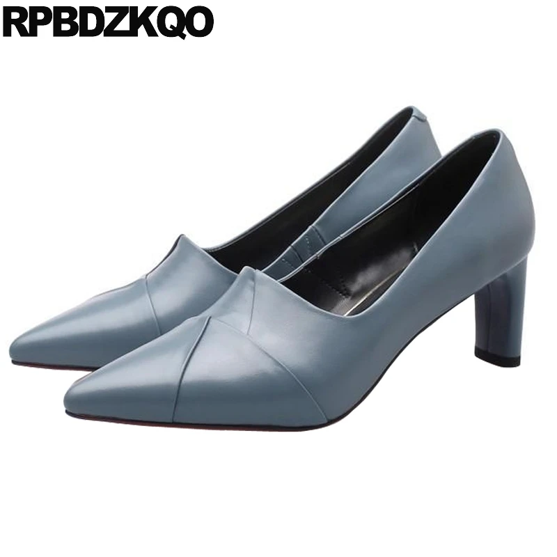 

ladies pointed toe blue chunky genuine leather medium heels luxury women shoes high customized size 33 pumps 2019 quality thick