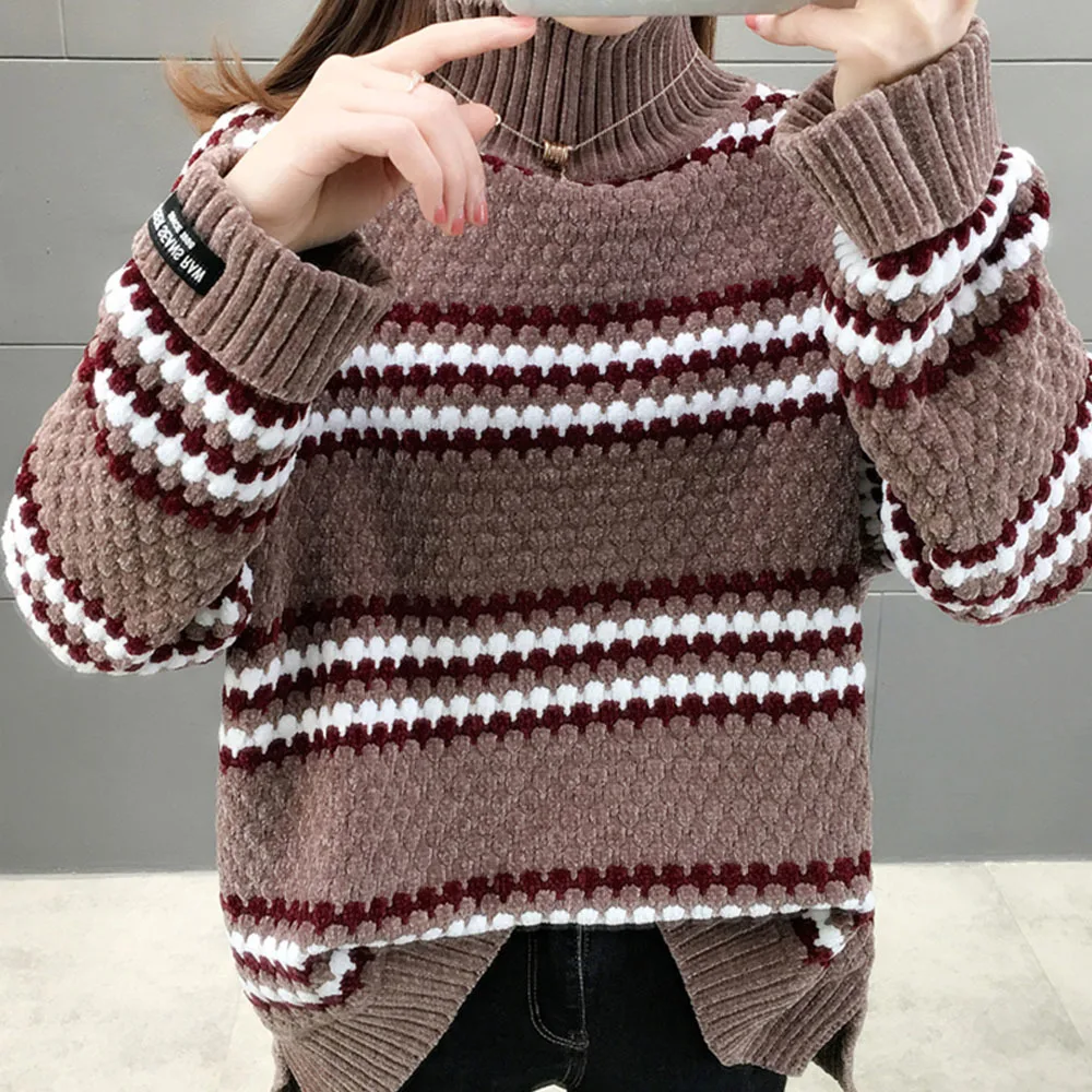 빈티지 따뜻한 셔닐 실 스웨터 여자 전체 슬리브 벨벳 스웨터 겨울 숙녀 솔리드 터틀넥 느슨한 여성 점퍼 2022