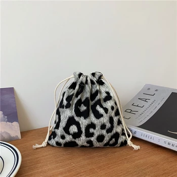 

Retro Bags Small Fresh Leopard Print Linen Drawstring Storage Simple Candy Cosmetic Casual 2020 New For Women Black Yellow Color