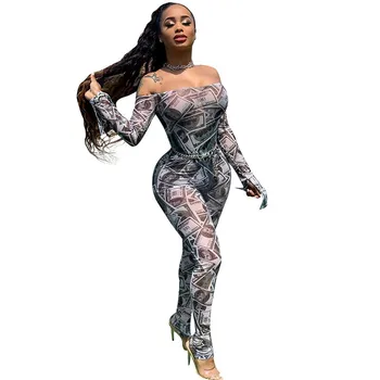 

Dollar Printed Jumpsuit Women Fall Off Shoulder Long Sleeve Bodycon Jumpsuits and Rompers Female Slash Neck Skinny Sexy Overalls