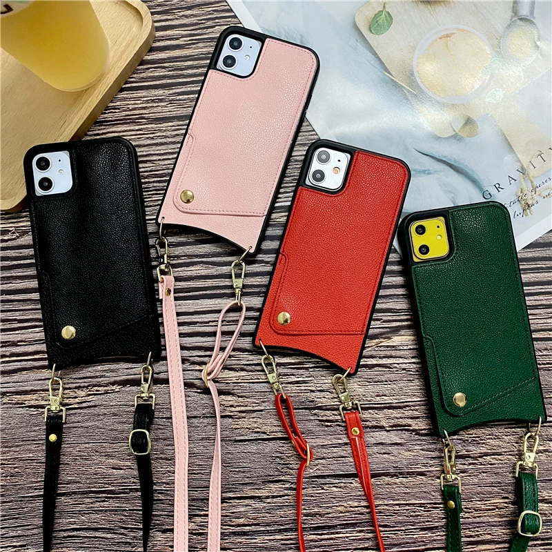 

Premium Leather Wallet Case For iPhone 12 11 Pro Max X Xs Xr 7 8 6 6s Plus Slim Shockproof Cover with Shoulder Strap Card Slot