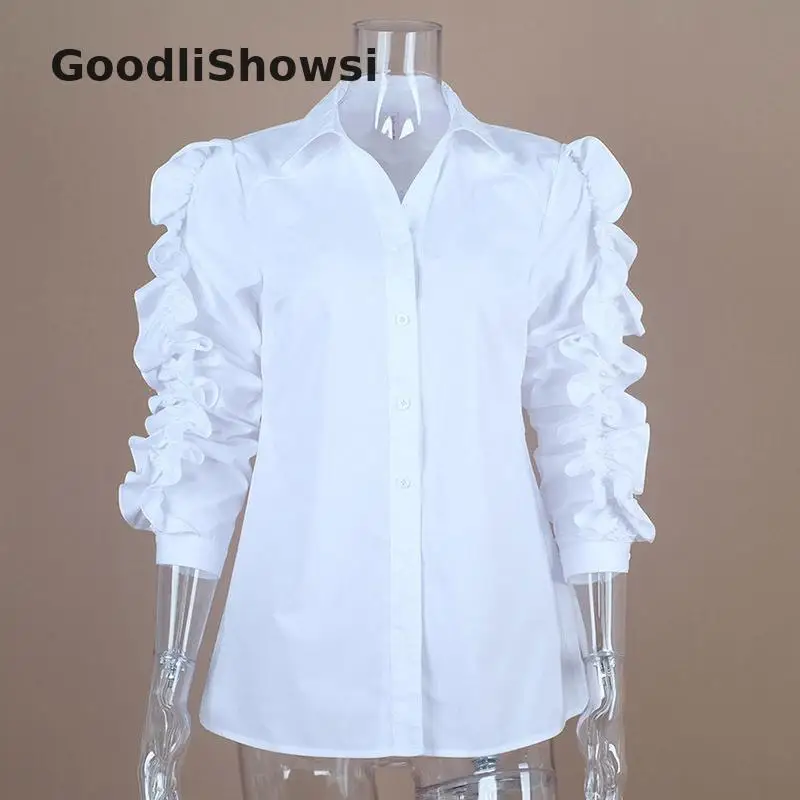 GoodliShowsi, Новое поступление, модная блузка с оборками, однотонная, отложной воротник, однобортная, простая, повседневная, Женская белая рубашка