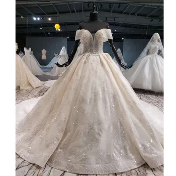 شراءBGW HT4141 فاخر الزفاف خمر فستان الزفاف قبالة الكتف الحبيب الترتر الساتان فستان زفاف الزفاف 2020 Vestido De Festa