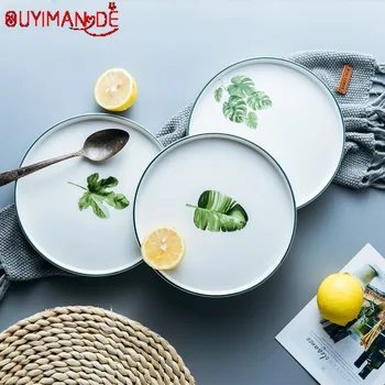 

8 inch Tableware Green Plant Plate Japanese and Korean Style Ceramic Tableware Creative Ceramic Plate Simple Western Steak Plate