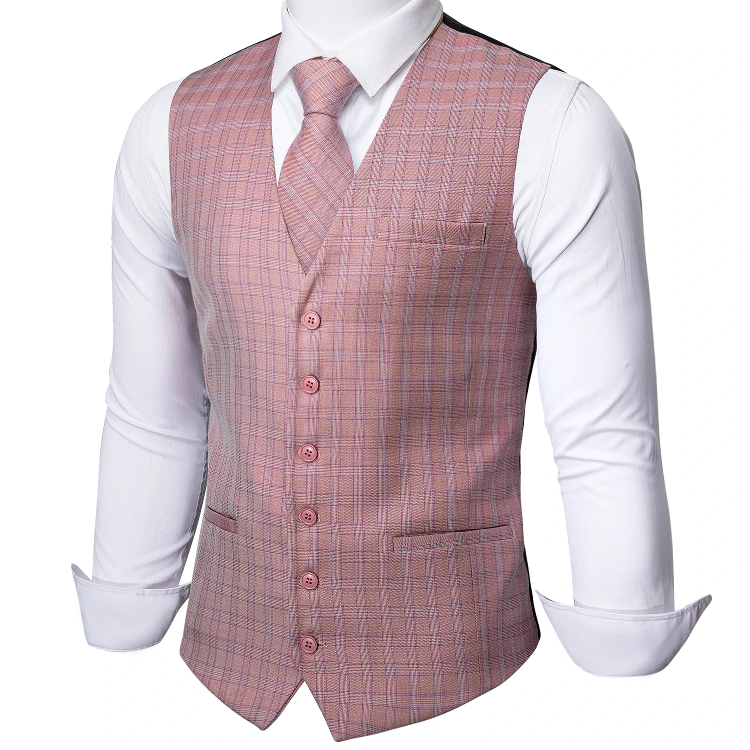 Barry.Wang Mens Pink Plaid Waistcoat Blend Tailored Collar V-neck 3 Pocket Check Vest Tie Set Formal Leisure MD-2301 black blazer for men
