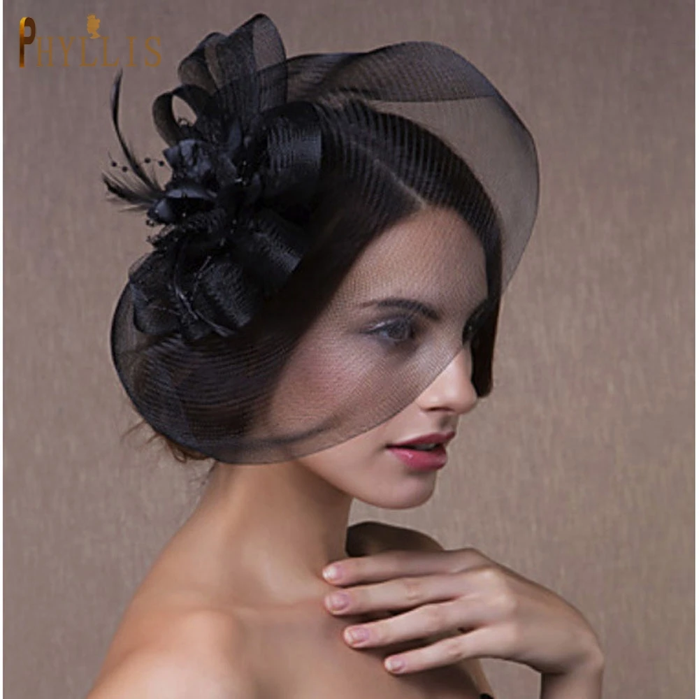 JM02 White Black Bridal Fascinator Birdcage Veil Wedding Hat Short Bride Face Veil Charming Evening Blusher Veil Bridal Headwear