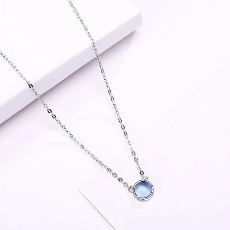 Простой стиль серебро синий Глянцевая подвеска ожерелье 925 Круглый геометрический ожерелье для женщин Девушка ручной работы модные ювелирные изделия