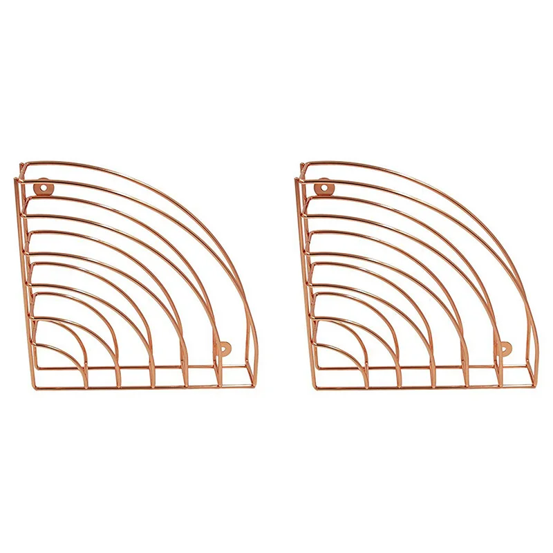 

2 Packs Hanging File Holder Organizer Metal Wire Basket Geometric Shelf Wall Mount Magazine Rack, Rose Gold