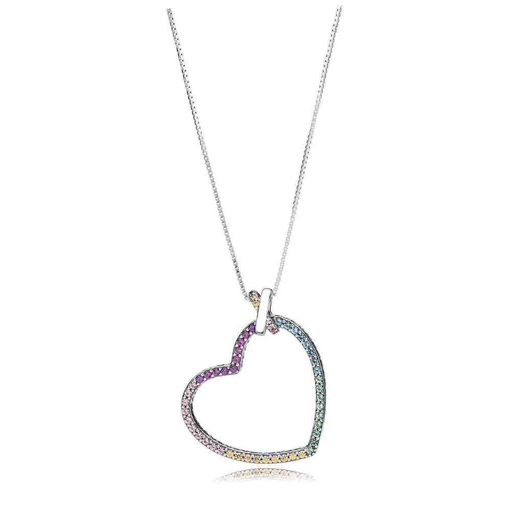 

NEW 100% 925 Sterling Silver New Colorful Rainbow Heart Necklace For DIY ORIGINAL WOMEN Gifts FREE SHIPPING