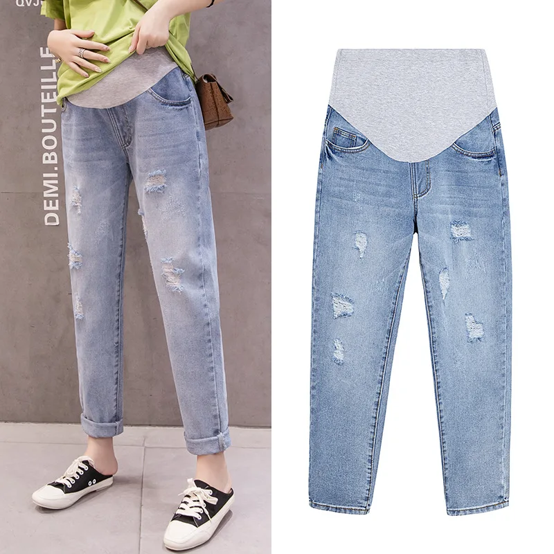 New Spring Denim Maternity Jeans Ripped Hole Washed Elastic Waist Pants for Pregnant Women Casual Loose Pregnancy Trousers