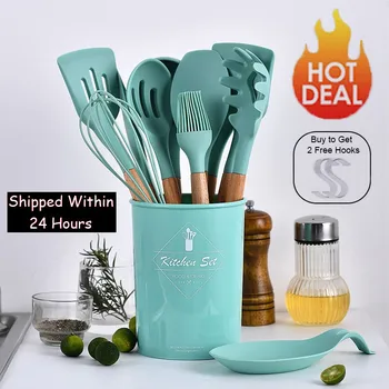 

9/10/12pcs Cooking Tools Set Silicone Utensils Set With Storage Box Turner Non-stick Tongs Spatula Soup Spoon Wooden Handle