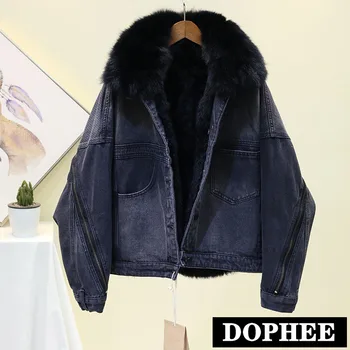 

Winter New Women Personality Zipper Rabbit Fur Inner Thickened Denim Jacket Female Real Fox Fur Collar Parka Coat Loose Outwear
