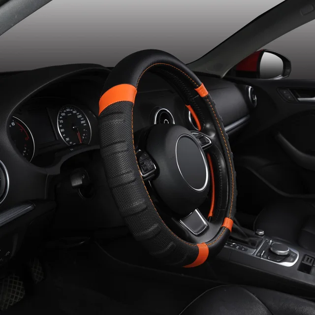 Couverture universelle de volant de voiture en cuir microfibre, respirante et antidérapante, 38cm/15 pouces, Orange et noir -2