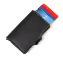 남자 크레이지 호스 가죽 지갑 알루미늄 rfid 지갑 포켓 카드 홀더 차단 자동 팝업 신용 카드 미니 지갑 선물(China)