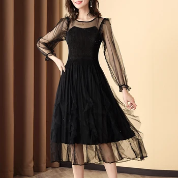 

Plus Size Dress For Women 45-75kg 2020 Spring And Summer Elastic Miyake Pleated Round Neck Mesh Stitching Fashion Black Dress