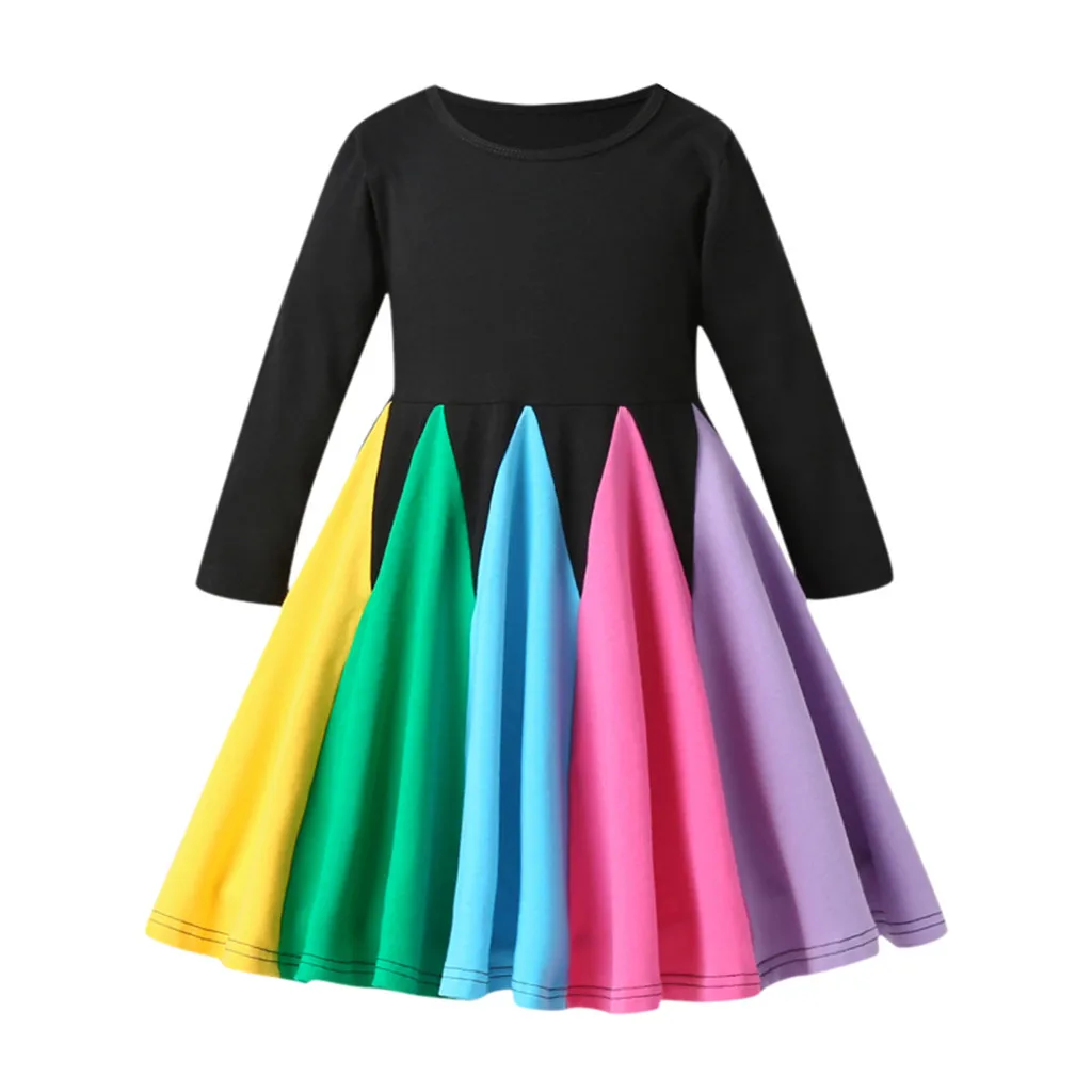 Robe fille hiver/детское осенне-зимнее платье с длинными рукавами и радугой; хлопковые плиссированные платья принцессы с принтом для девочек;#5G4