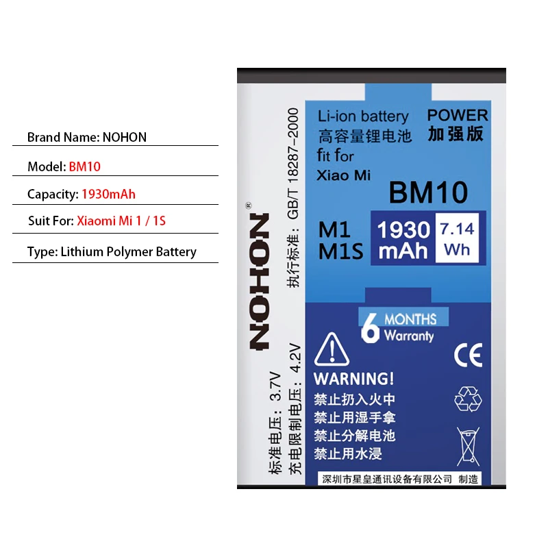 Nohon аккумулятор BM10 BM20 BM35 BM36 для Xiaomi mi 1 1 S 2 2 S 4C 5S mi 1 mi 1 S mi 2 mi 2 S mi 4C mi 5S акумуляторная батарея телефон замена Аккумуляторы мобильных телефонов - Цвет: BM10 For Mi 1 1S