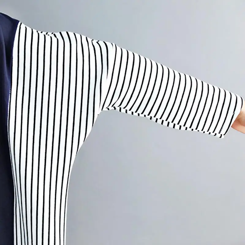 Плюс размер полосатая футболка в стиле пэчворк футболка с длинным рукавом для женщин Modis футболка Топы в Корейском стиле стежка Vogue Женская Футболка Пуловер