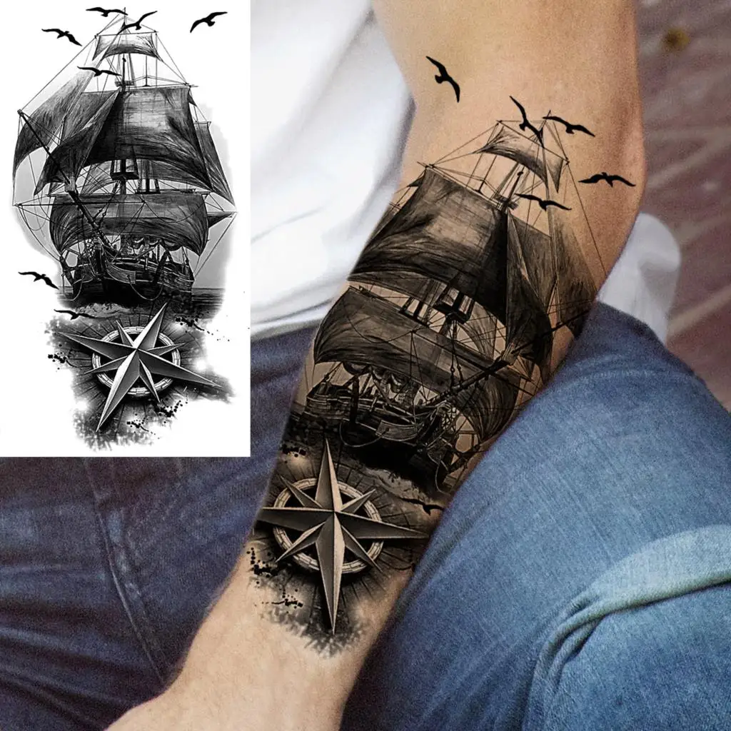 Black Tiger Forearm Temporary Tattoos For Men Adult Women Pirate Ship Skull Flower Lion Fake Tattoo Waterproof Half Sleeve Tatoo