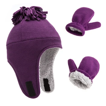 

Winter Hat Gloves Set Boy Girl Earflap Beanie Fleece Warm Autumn Skiing Outdoor Thermal Accessory For Toddler Baby