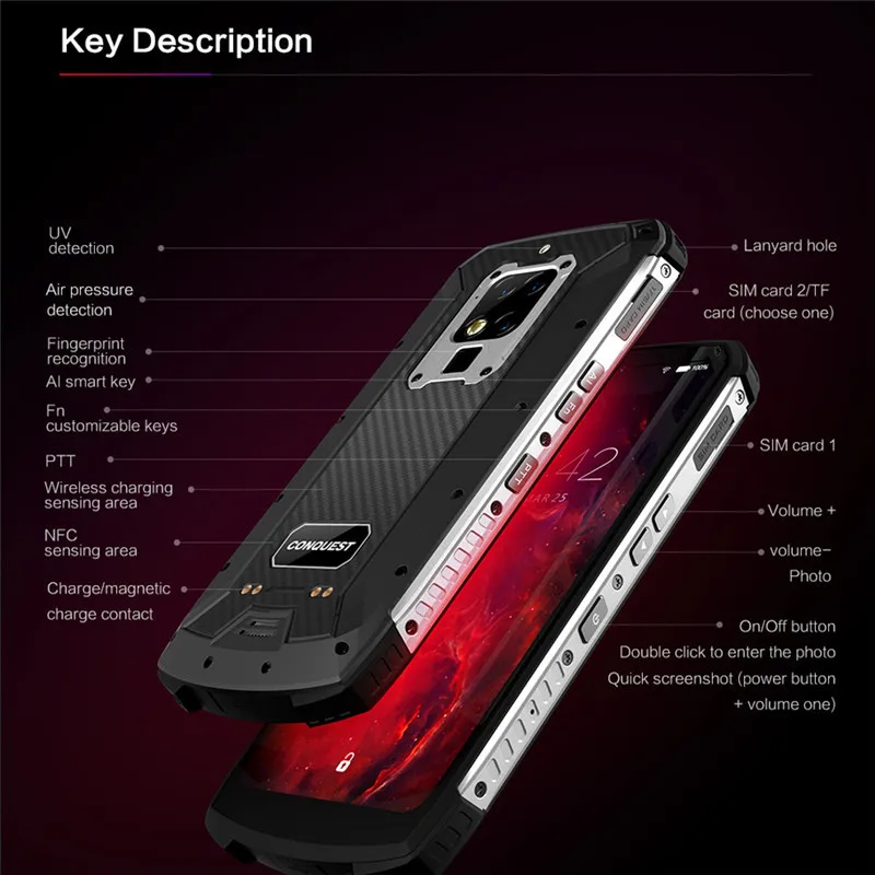 CONQUEST S16 8GB 256GB 48mp shockproof Mobile Phone 6.3" Android 9.0 UV Detection Infrared Remote Control 4G Rugged Smartphone