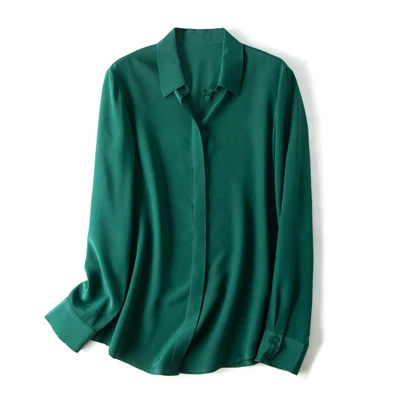 Dark green Натуральный шелк, простая женская блузка, длинный рукав, шифон, шелк, Blusas femininas, Офисная Женская свободная рубашка, новинка, белая, розовая, серебристая - Цвет: Dark green