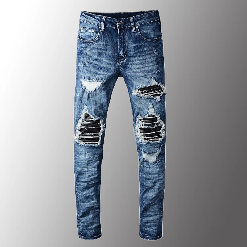 

Men Luxury Men's Pu Leather Patchwork Ripped Biker Jeans Patch Slim Skinny Stretch Denim Pants Plus Size 28-40