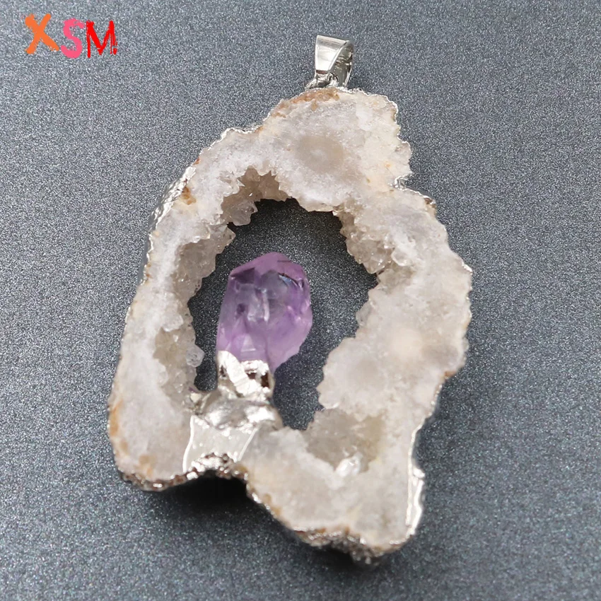XSM Кристалл Druse фрагмент жеоды кулон естественный неправильной формы аметисты инкрустация полые Druzy для женщин талисманы ювелирных изделий ожерелье подходит