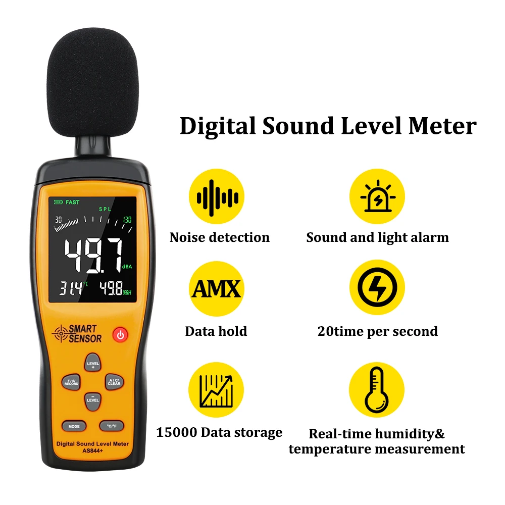 Цифровой ЖК-дисплей, измеритель уровня шума, аудио/объем, измерительный прибор, 30-130дб децибел, тестер, измеритель уровня звука AS844