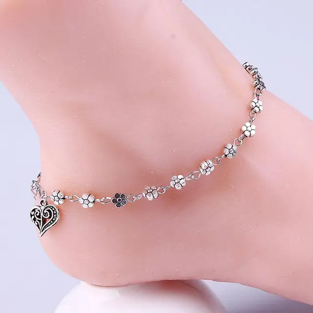 New Fashion Foot Chain Tibetan Silver Hollow Plum Flowers Heart-Shaped Anklet For Women 1
