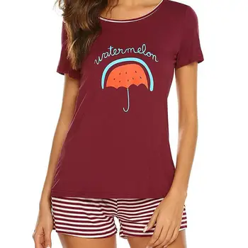 

Women's Summer Casual Ladies Nightwear Short-Sleeved Round Neck Printing Top Stripes Short Pant Two-Piece Pajama Sets