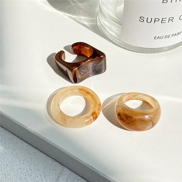 New Colorful Transparent Resin Acrylic Crystal Rhinestone Simple Geometric Square Round Rings Set for Women Fashion Jewelry JZ305