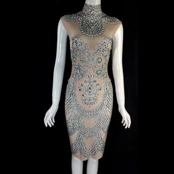 

Sparkly Rhinestones Sleeveless Dress Stretch Women Birthday Celebrate Prom Party Night Bodycon Dresses Singer Show Stage Wear