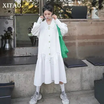 

XITAO French Style Vintage Women Dress Loose Plus Size Dresses Trend Single-breasted Paneled Ruffled Hem Women Clothes ZLL4741