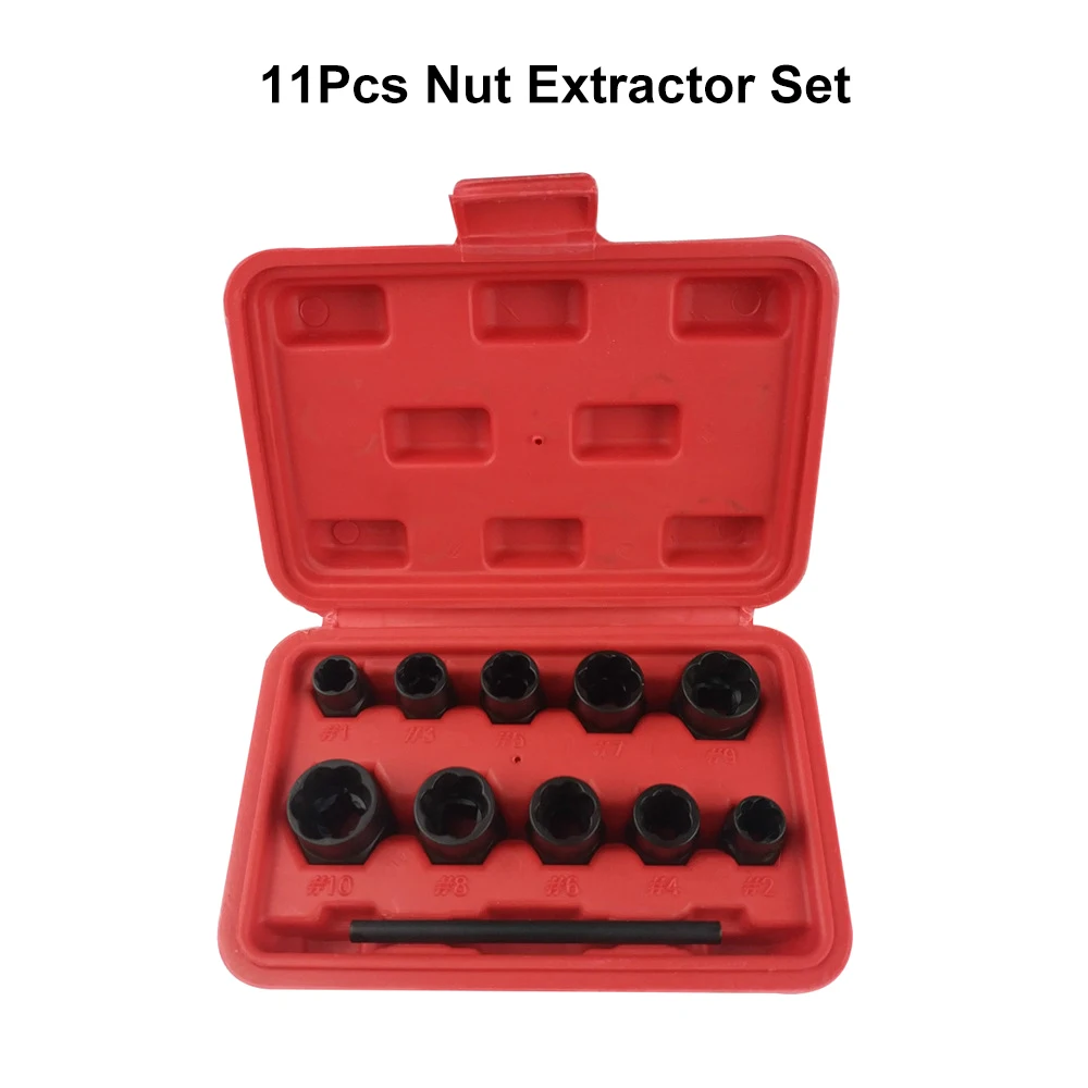 

Hot Sale 11Pcs Damaged Bolt Nut Screw Remover Extractor Removal Set Nut Removal Socket Tool Threading Hand Tools Kit with Box