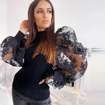 

Sexy Ribbed Floral Lace Sheer Puff Sleeve Embroidered Women Shirt Casual Elegant Ladies Party Blouse Shirt Female Tops