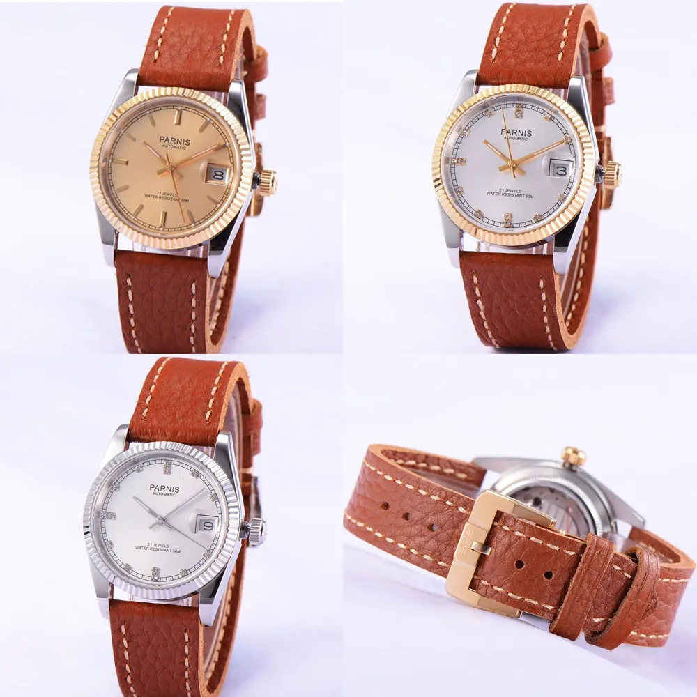 

PARNIS Luxury Self Winding Men Wristwatch Sapphire Glass 36mm Silver Case Date Function Watches Automatic Movement