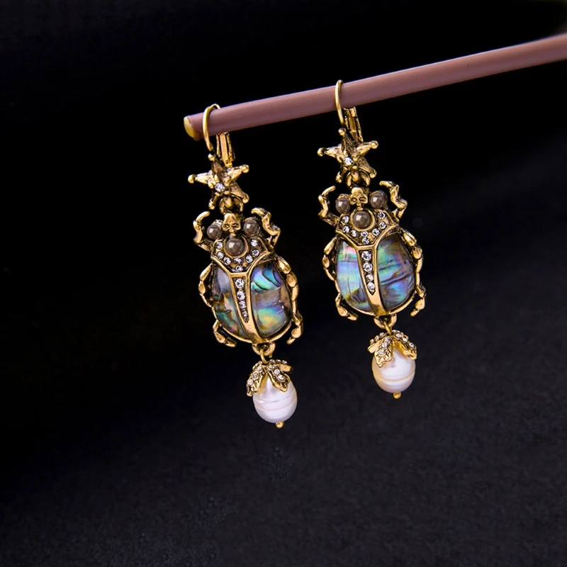 Natural Abalone Shell Earrings Freshwater Pearl Beetle Drop Earrings For Women