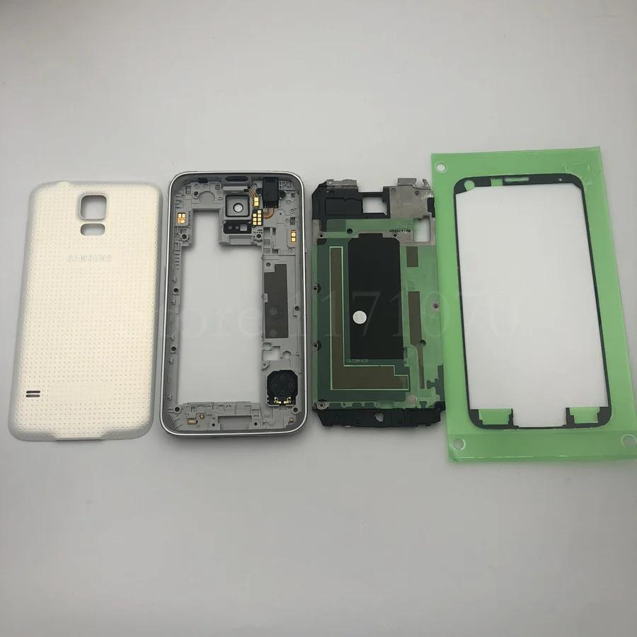 white Полный комплект для samsung Galaxy S5 G900 I9600 G900f Корпус Передняя пластина Кронштейн+ средняя рамка+ задняя крышка чехол+ клей - Цвет: white