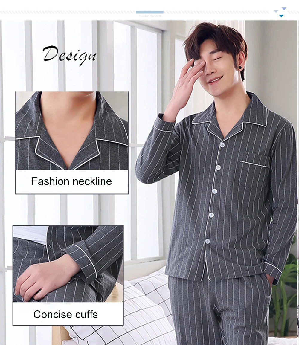 Spring Autumn Pajama Sets Suit Knitted Cotton Casual Long Sleeve Sleepwear Plaid Home Wear Plus Size Comfortable Pajamas For Men organic pyjamas