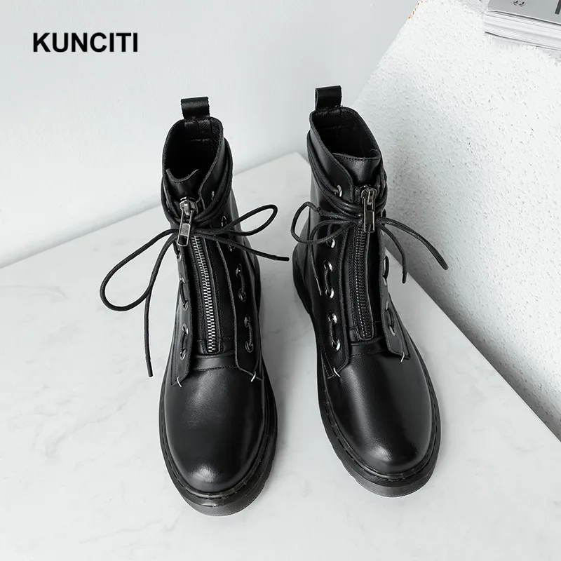 

2019 KUNCITI Lace Up Martin Boots Women European Designer Combat Shoes Ladies Genuine Leather Cool Ankle Booties Low Heel D990