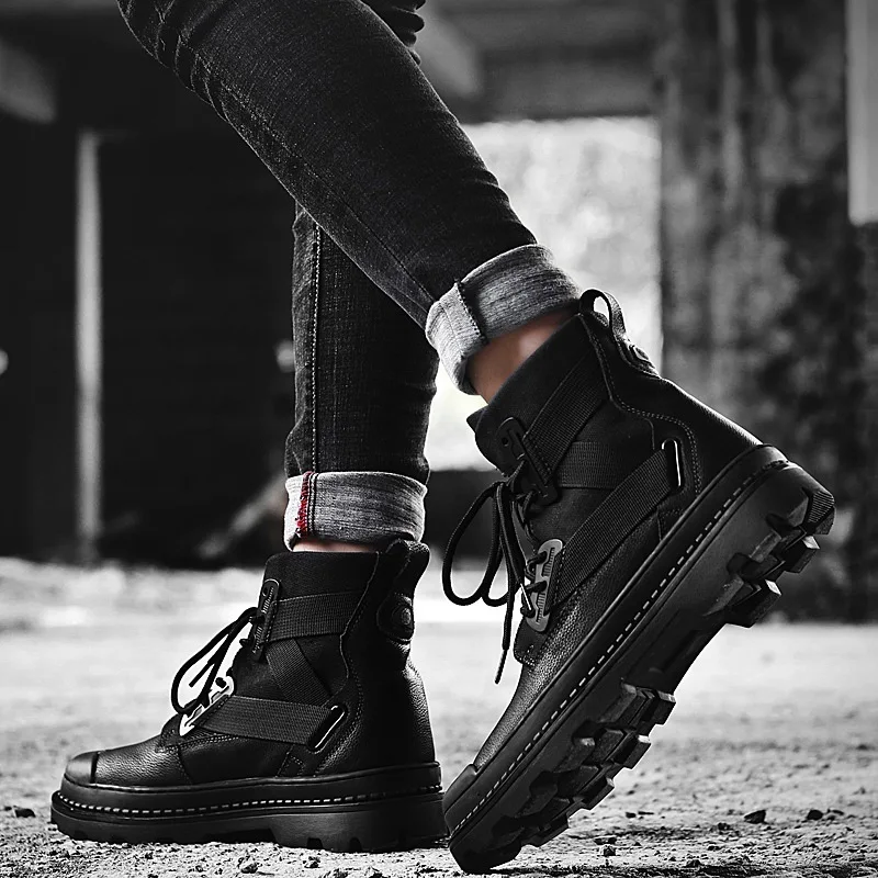 

2018 New Style Autumn & Winter plus Velvet Martin Boots Men's Hight-top Leather Boot Combat Boots Versatile Mid-top Workwear Ank