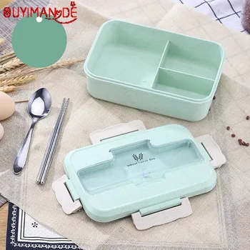 

2020 New Straw Wheat Student Heated Lunch Box Picnic Food Container Sealed with Spoons Chopsticks 3 Split Layers Food