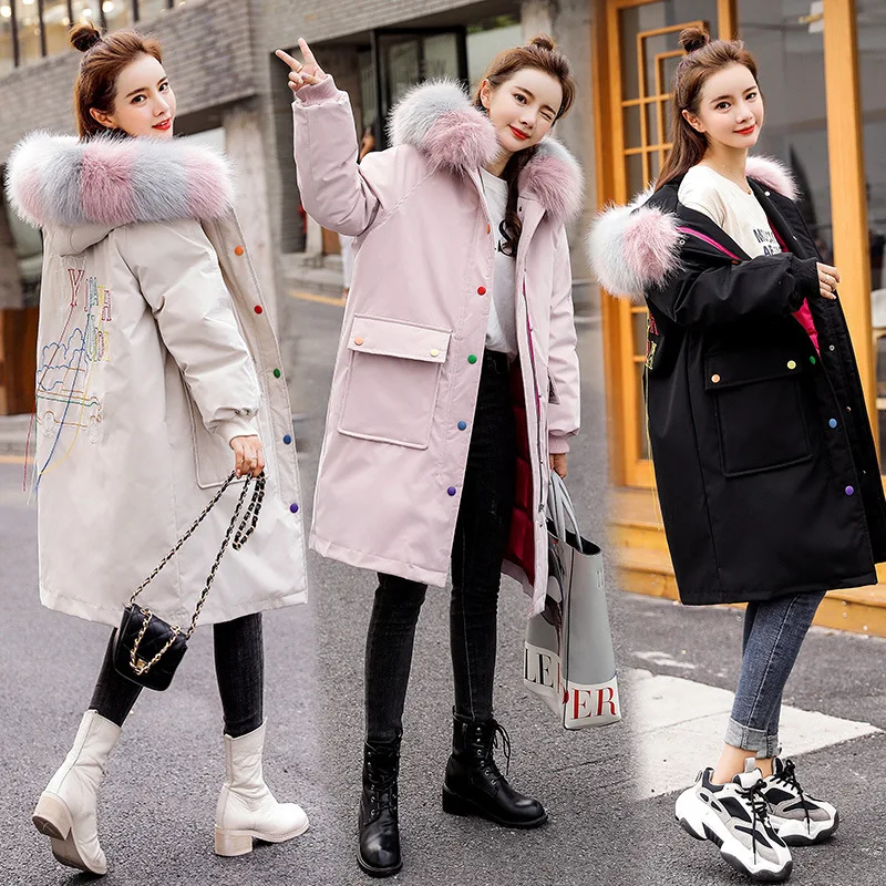 

Cotton-padded Clothes 2019 Winter Cotton Dress Feather Thick Slimming Fashion Korean-style High Imitation Large Fur Collar Mid-l